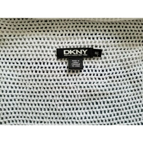 DKNY White Open Weave 100% Cotton Cardigan Elbow Length Sleeves Front Drape M/L - Picture 6 of 9